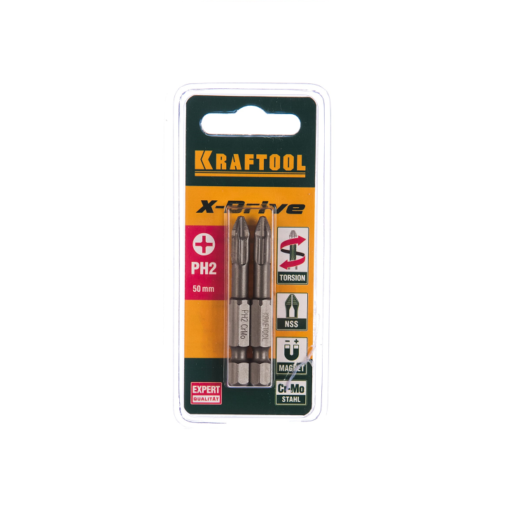 Биты KRAFTOOL "EXPERT" торсионные кованые,Cr-Mo сталь,тип хвост. Е1/4, PН2,50мм, 2шт(26121-2-50-2)                                                                                                      