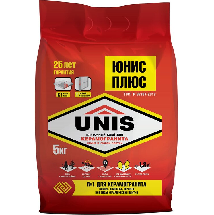 Клей для плитки "ЮНИС ПЛЮС" 5кг (для тёплых полов и влажн. помещений)                                                                                                                                   