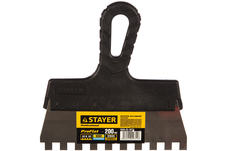 Шпатель STAYER "PROFESSIONAL" нерж. зубчатый, с пласт.ручкой, 100 мм, зуб 4х4мм 1009-10-04                                                                                                              